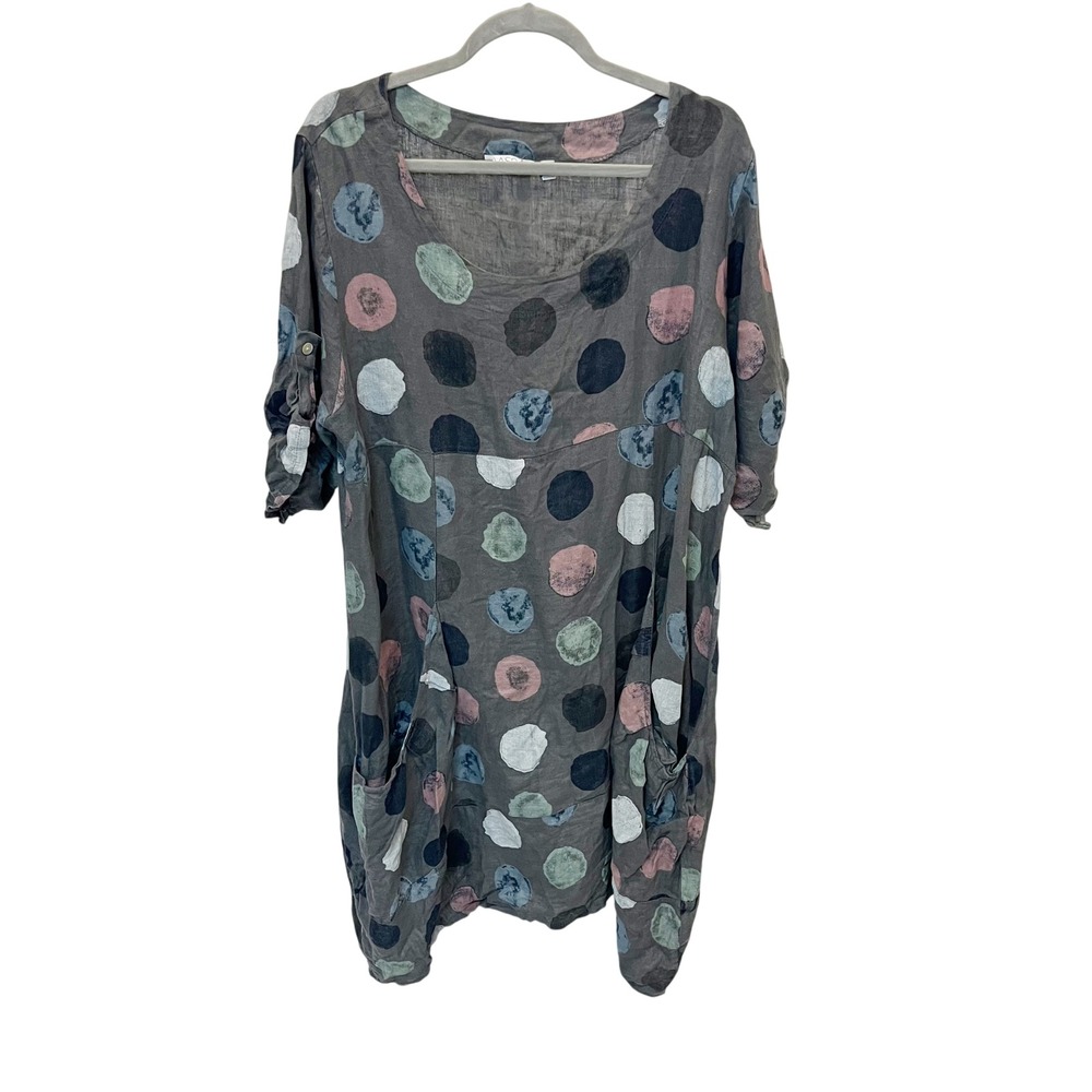 Vasna Italy Women XL Gray Polka Dot Linen Asymmetric Dress Short Sleeve Pockets